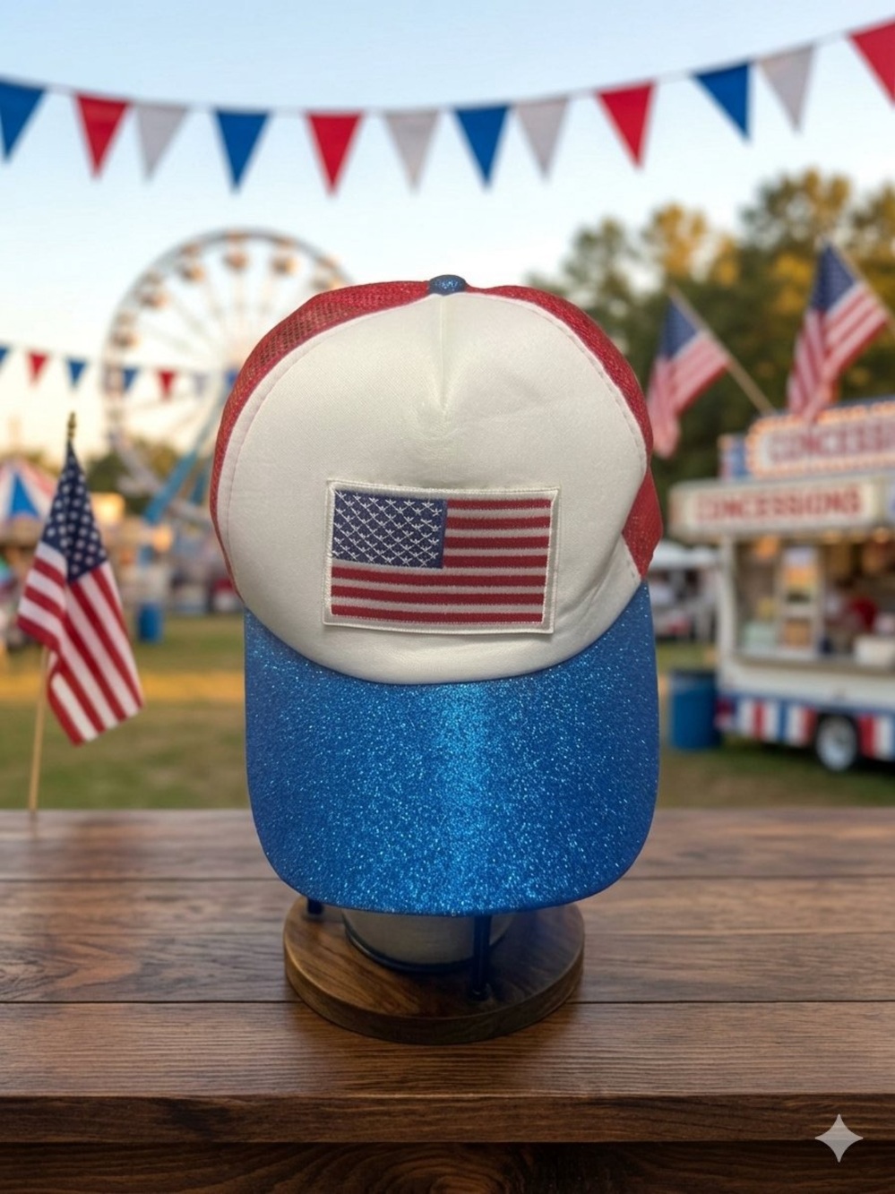 Patriotic Glitter Blue Bill Trucker Hat with American Flag Patch